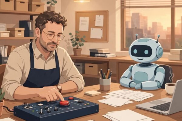Small business owner pressing a stop button to pause an AI agent at work