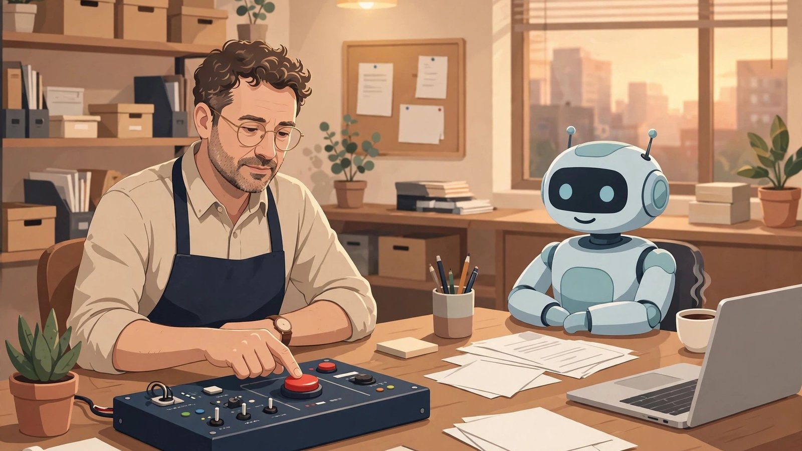 Small business owner pressing a stop button to pause an AI agent at work