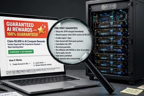 AI infrastructure participation plans scam check - magnifying glass over a suspicious guaranteed rewards offer