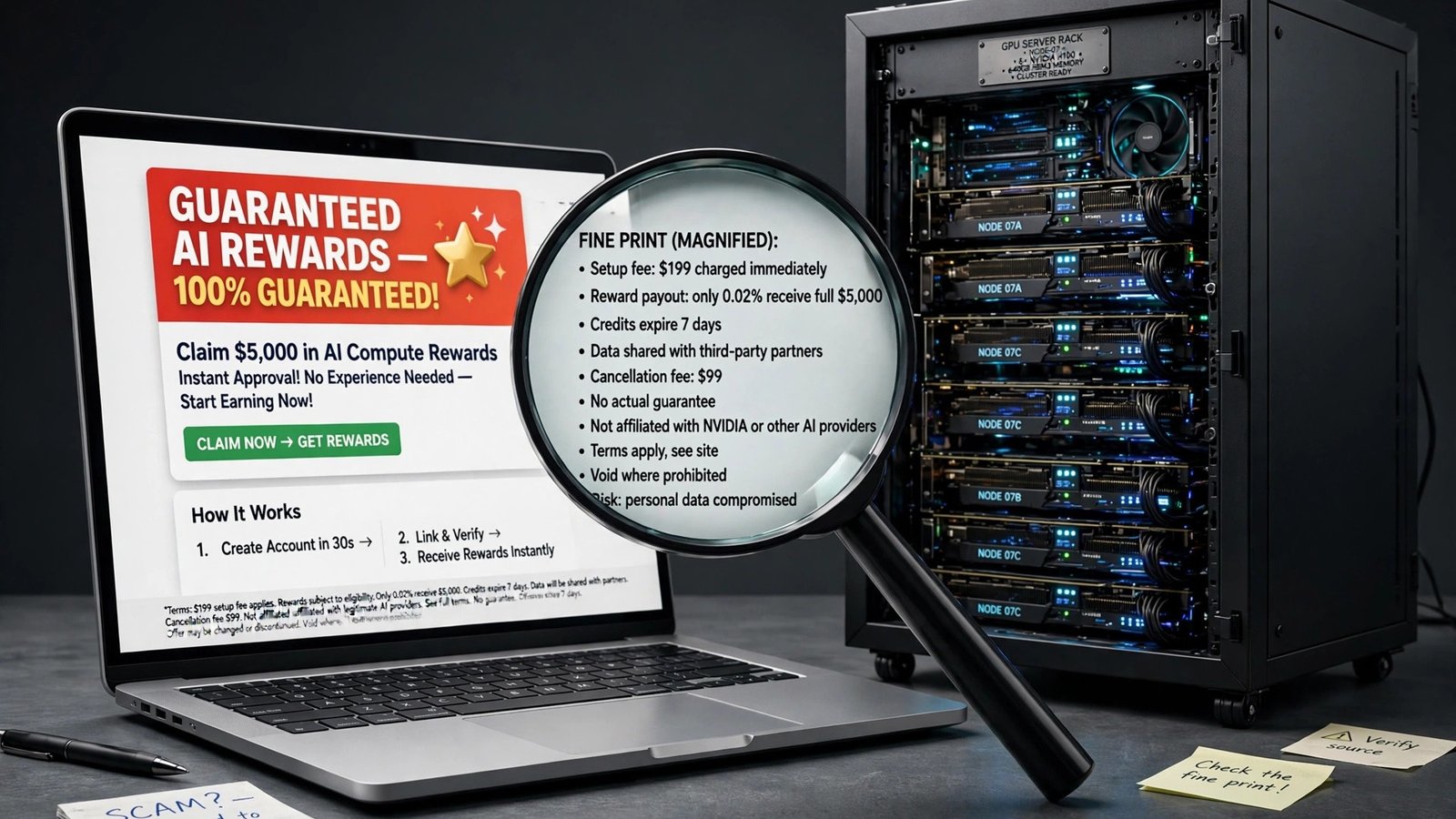 AI infrastructure participation plans scam check - magnifying glass over a suspicious guaranteed rewards offer
