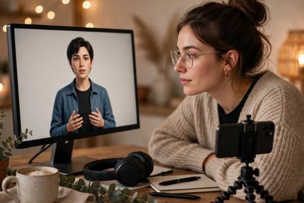 AI UGC ads side hustle 2026: creator desk with phone on tripod and AI avatar ad on screen