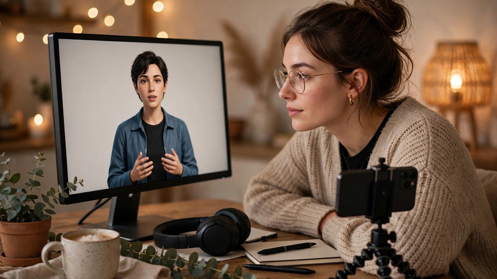 AI UGC ads side hustle 2026: creator desk with phone on tripod and AI avatar ad on screen