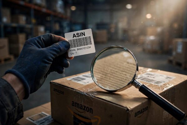ASIN barcode label under a magnifying glass, Amazon referral fee category audit October 2026