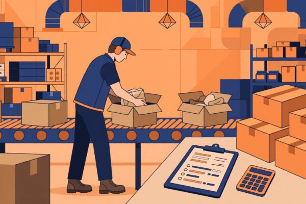 Amazon FBA fees 2026 - warehouse worker packing boxes with calculator showing peak fees and fuel surcharge math