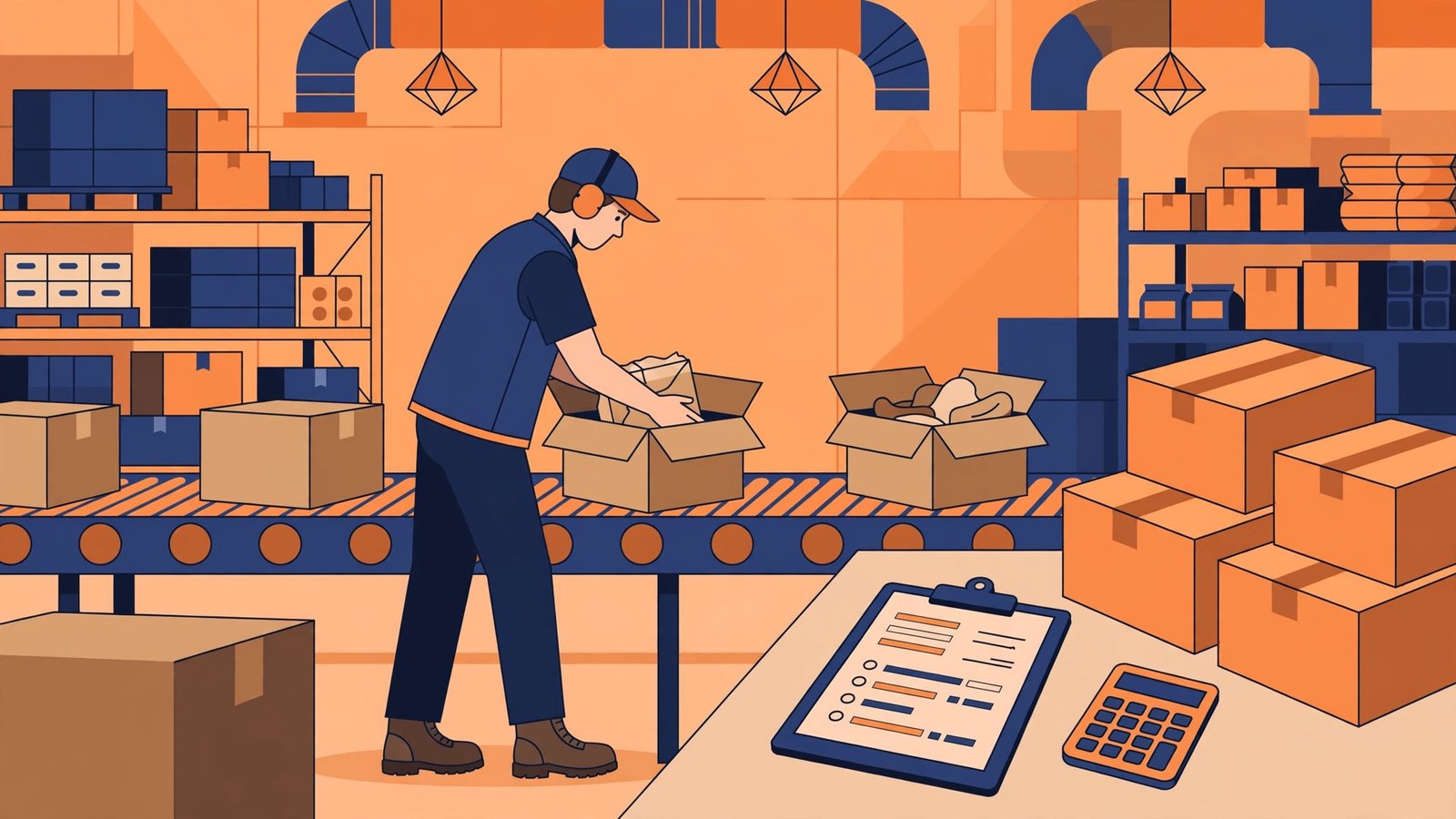 Amazon FBA fees 2026 - warehouse worker packing boxes with calculator showing peak fees and fuel surcharge math