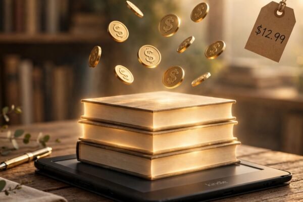 Amazon KDP 70% royalty price band 2026: $12.99 price tag with gold royalty coins on a writer's desk
