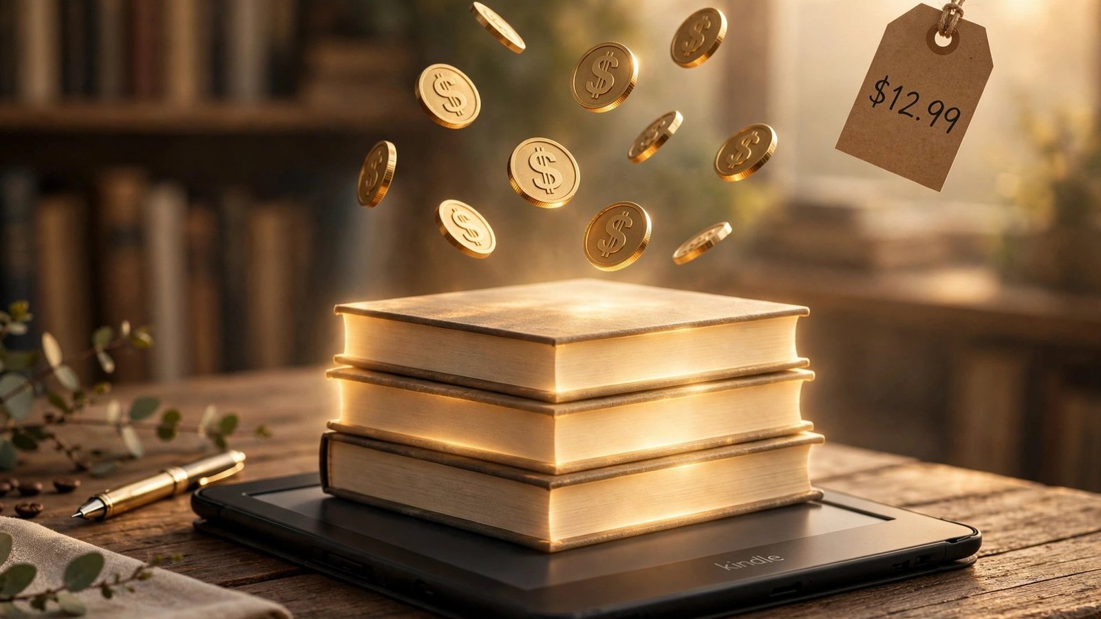 Amazon KDP 70% royalty price band 2026: $12.99 price tag with gold royalty coins on a writer's desk