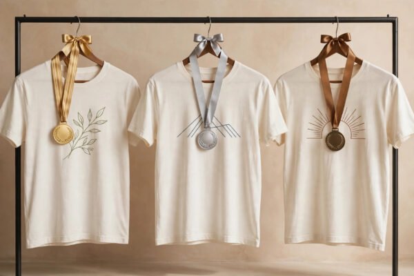 Three t-shirts with gold silver bronze tier ribbons, Amazon Merch on Demand 2026 royalty tiers