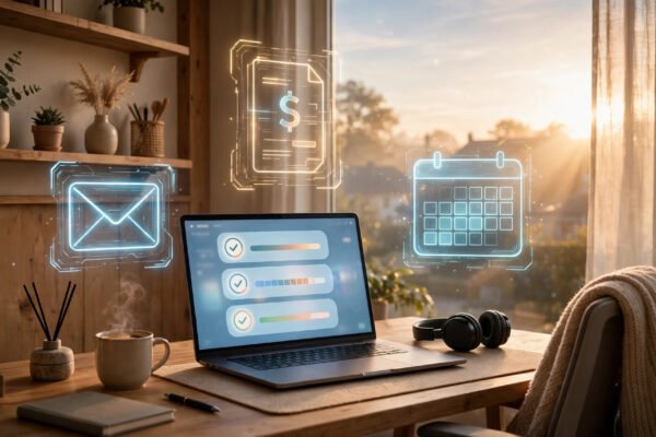 Anthropic's Claude Duet AI agent: a morning briefing dashboard on a laptop in a warm home office.