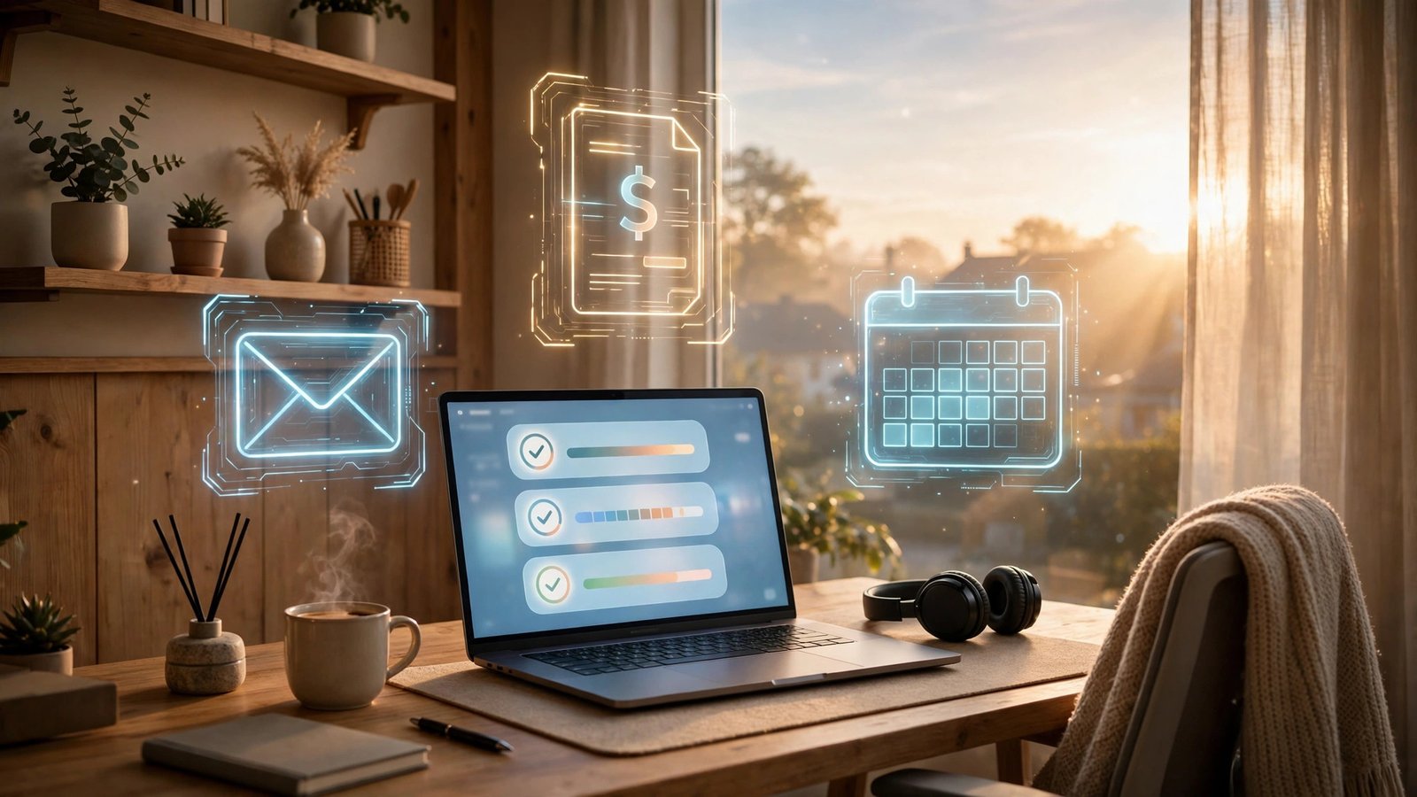 Anthropic's Claude Duet AI agent: a morning briefing dashboard on a laptop in a warm home office.