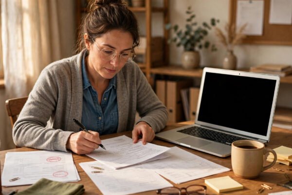 Small business owner reviewing LLC paperwork after FinCEN's 2026 BOI reporting exemption