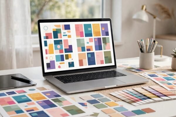 Canva Creators program royalties 2026 - laptop showing colorful Canva template thumbnails on a bright desk