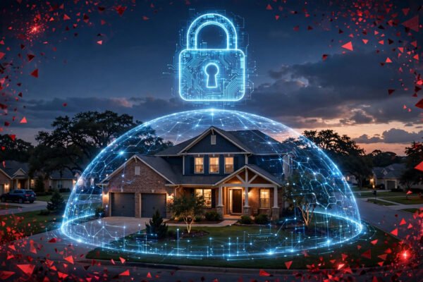 Texas homeowner reviewing CenterPoint Energy data breach checklist with laptop security lock screen and padlock