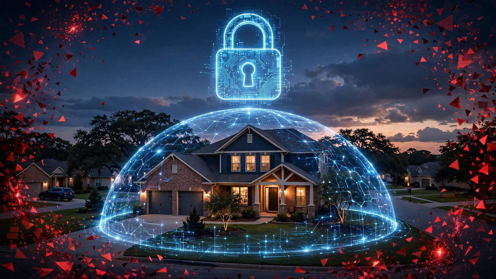 Texas homeowner reviewing CenterPoint Energy data breach checklist with laptop security lock screen and padlock