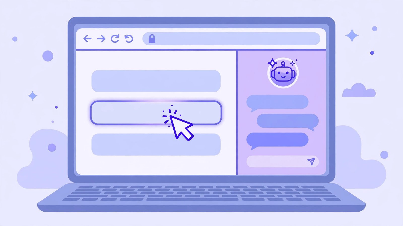 Claude in Chrome extension 2026: AI assistant side panel clicking a browser form field