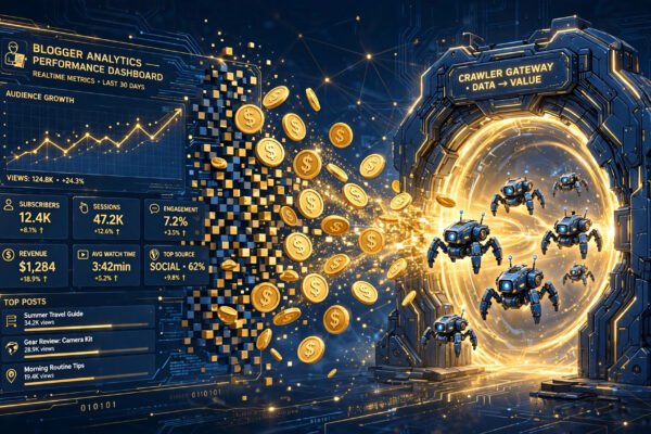 Cloudflare pay per crawl 2026 publisher concept: AI crawlers passing through a paid access gateway.