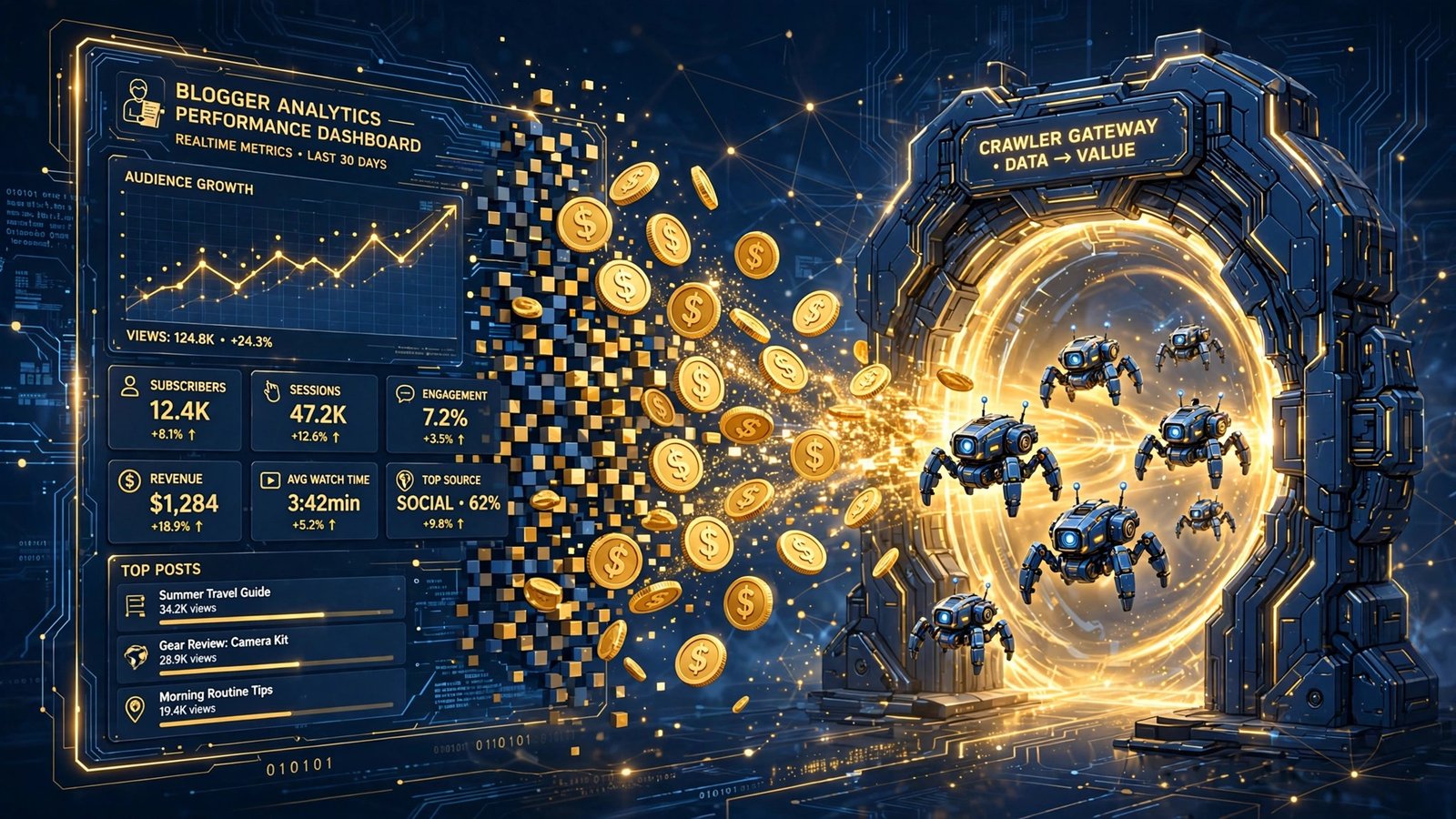 Cloudflare pay per crawl 2026 publisher concept: AI crawlers passing through a paid access gateway.