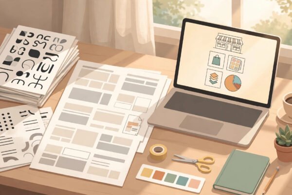 Designer desk with fonts and templates for a Creative Market seller commission guide