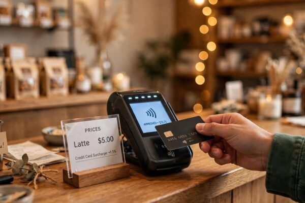Small business checkout counter with credit card terminal and posted surcharge fee notice sign