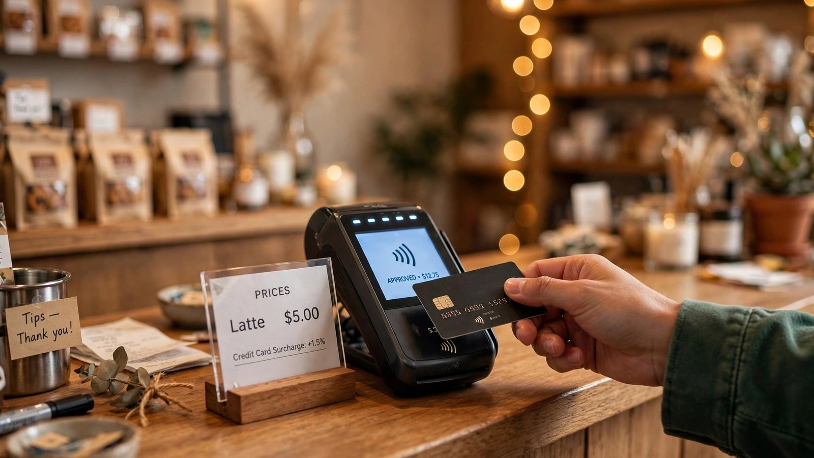 Small business checkout counter with credit card terminal and posted surcharge fee notice sign
