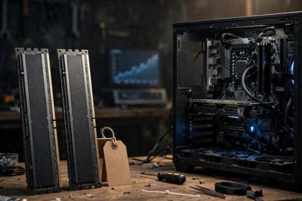 32GB DDR5 RAM price surge 2026 - DDR5 modules beside a PC build and rising price chart