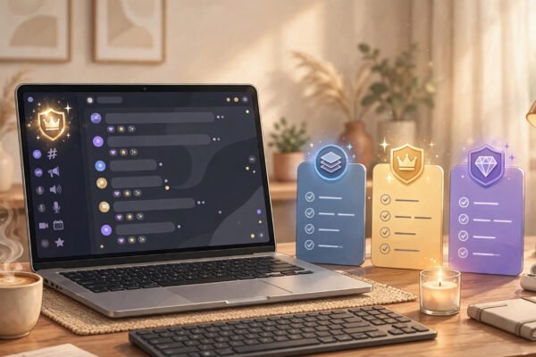 Discord Server Subscriptions 2026 - laptop showing a Discord community server with paid subscriber tier cards