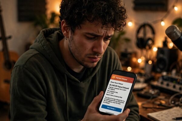 Musician checking phone for delayed DistroKid earnings payout for July and August 2026