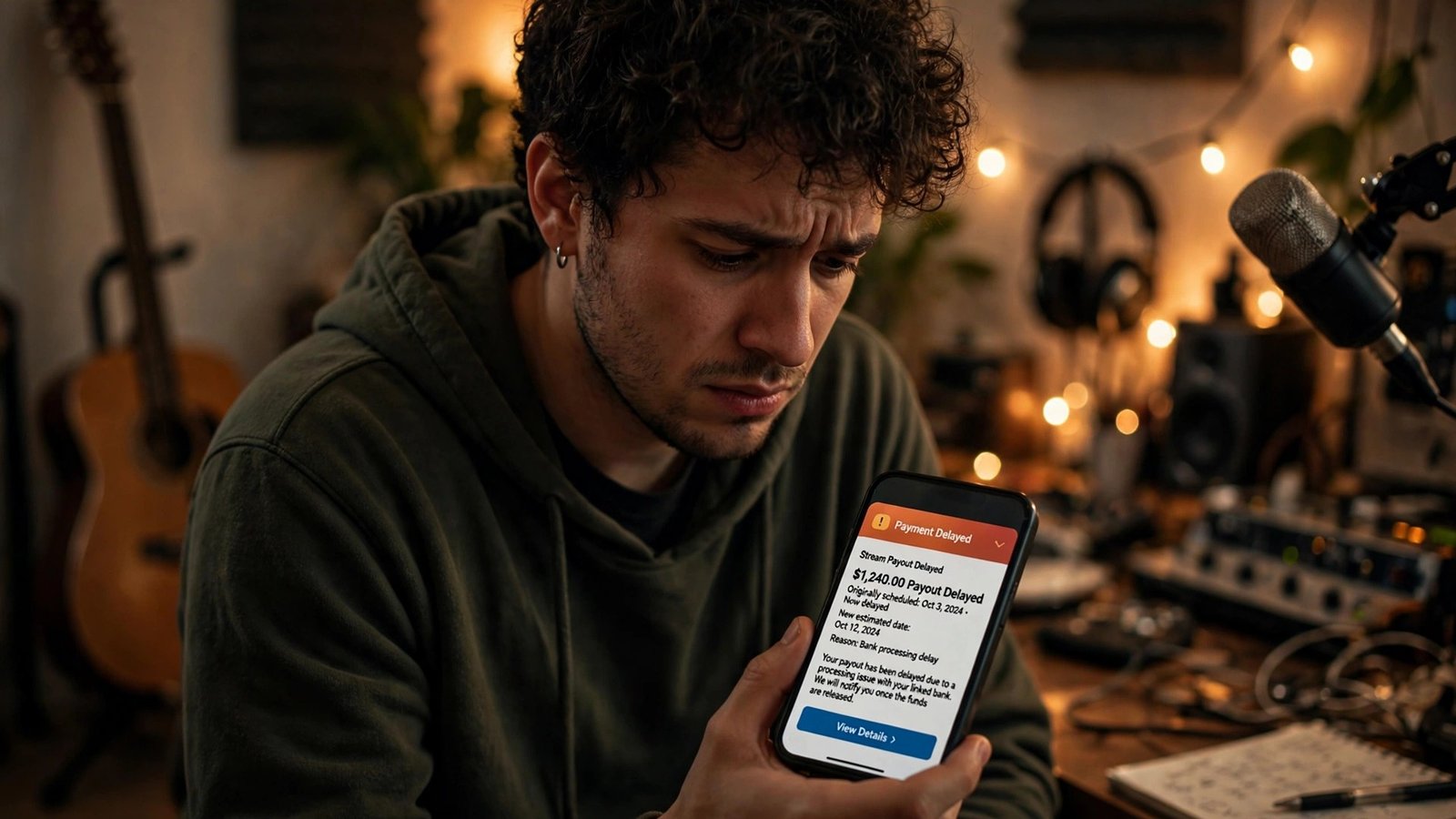 Musician checking phone for delayed DistroKid earnings payout for July and August 2026