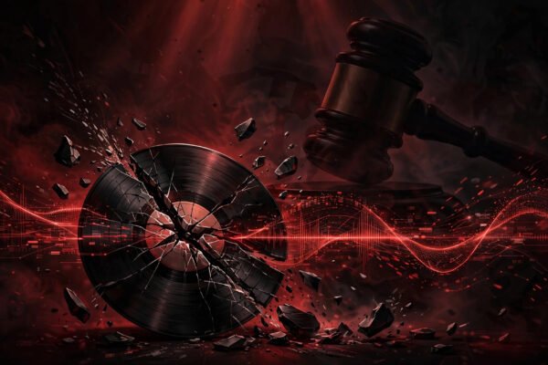 Cracked vinyl record and judge's gavel illustrating DistroKid song removals in the UMG lawsuit, October 2026