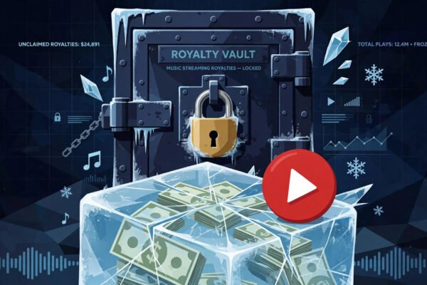 DistroKid YouTube royalties held - locked vault with frozen dollar bills and play button
