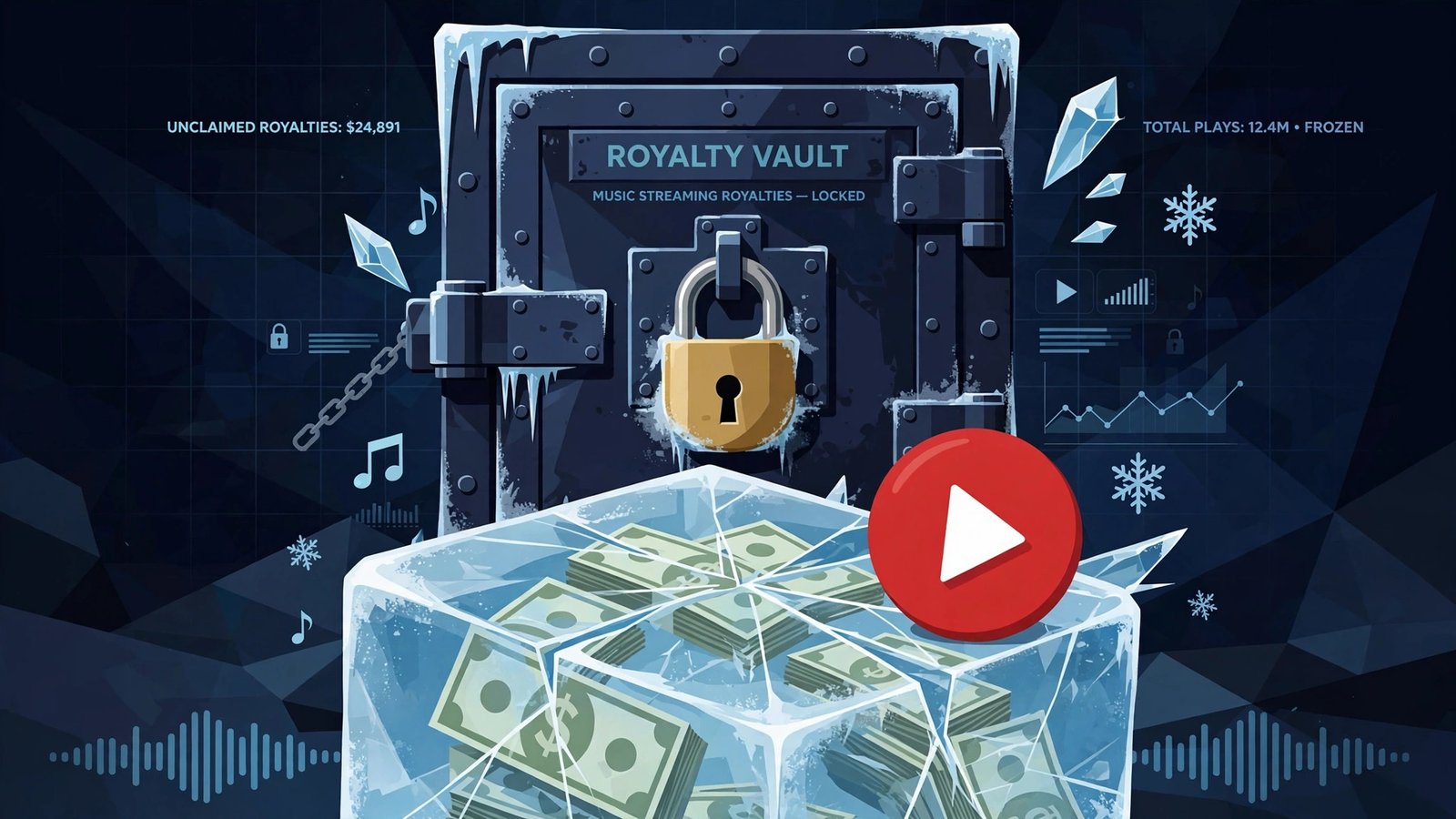 DistroKid YouTube royalties held - locked vault with frozen dollar bills and play button