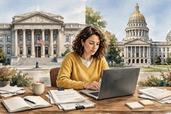 Freelancer at a sunlit home desk reviewing 2026 independent contractor rules