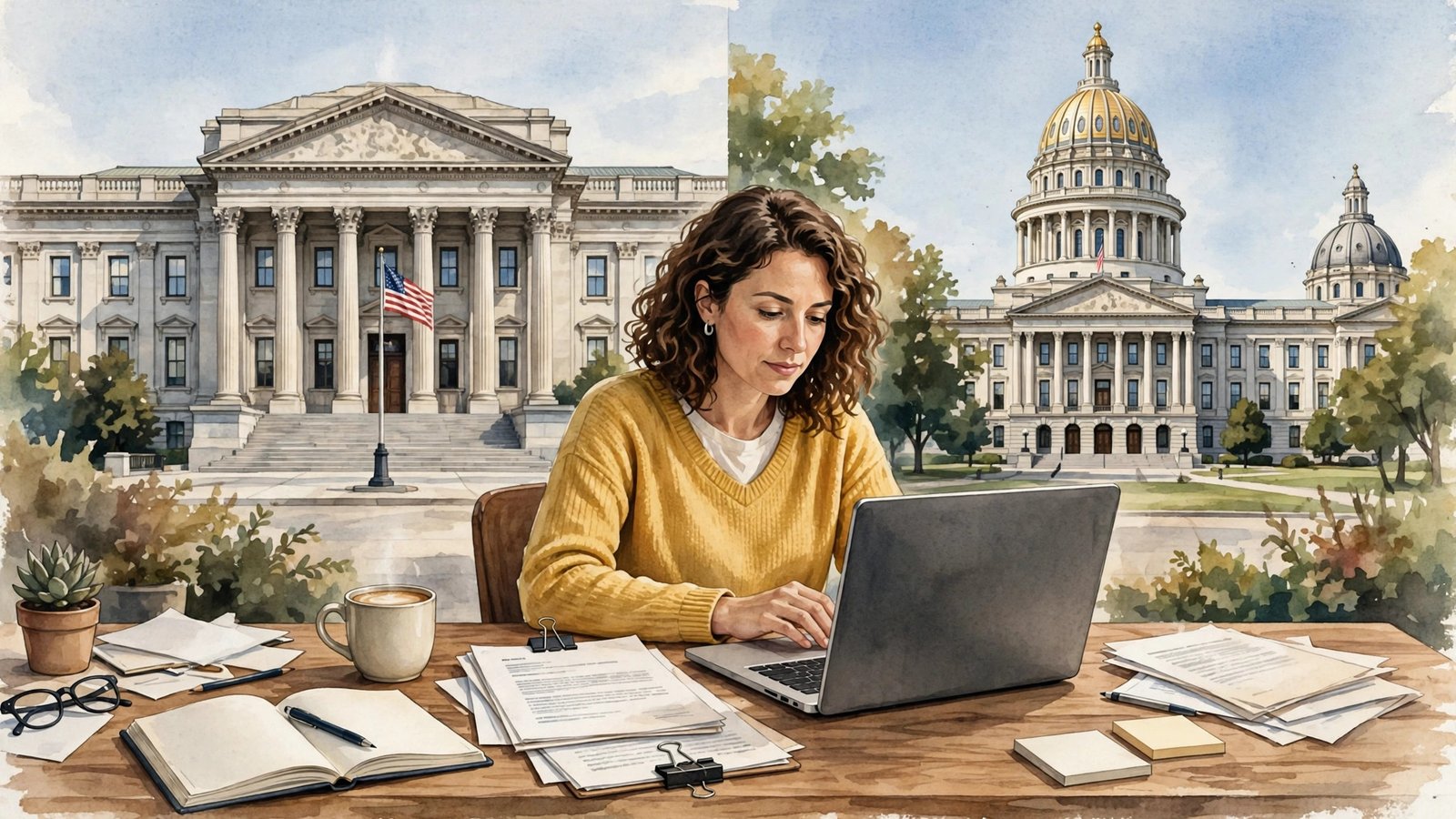 Freelancer at a sunlit home desk reviewing 2026 independent contractor rules