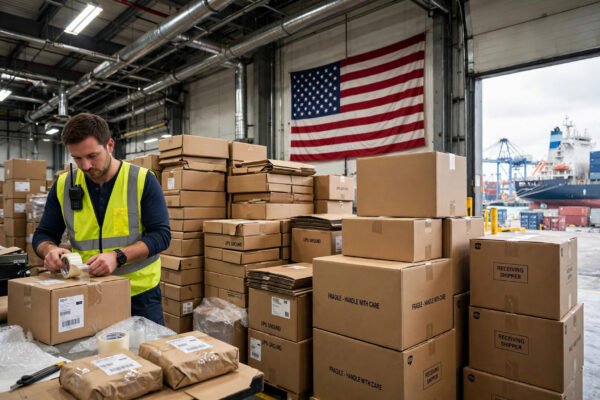 dropshipping 2026 de minimis — A warehouse worker packing parcels beside stacked cardboard shipping boxes with a US flag