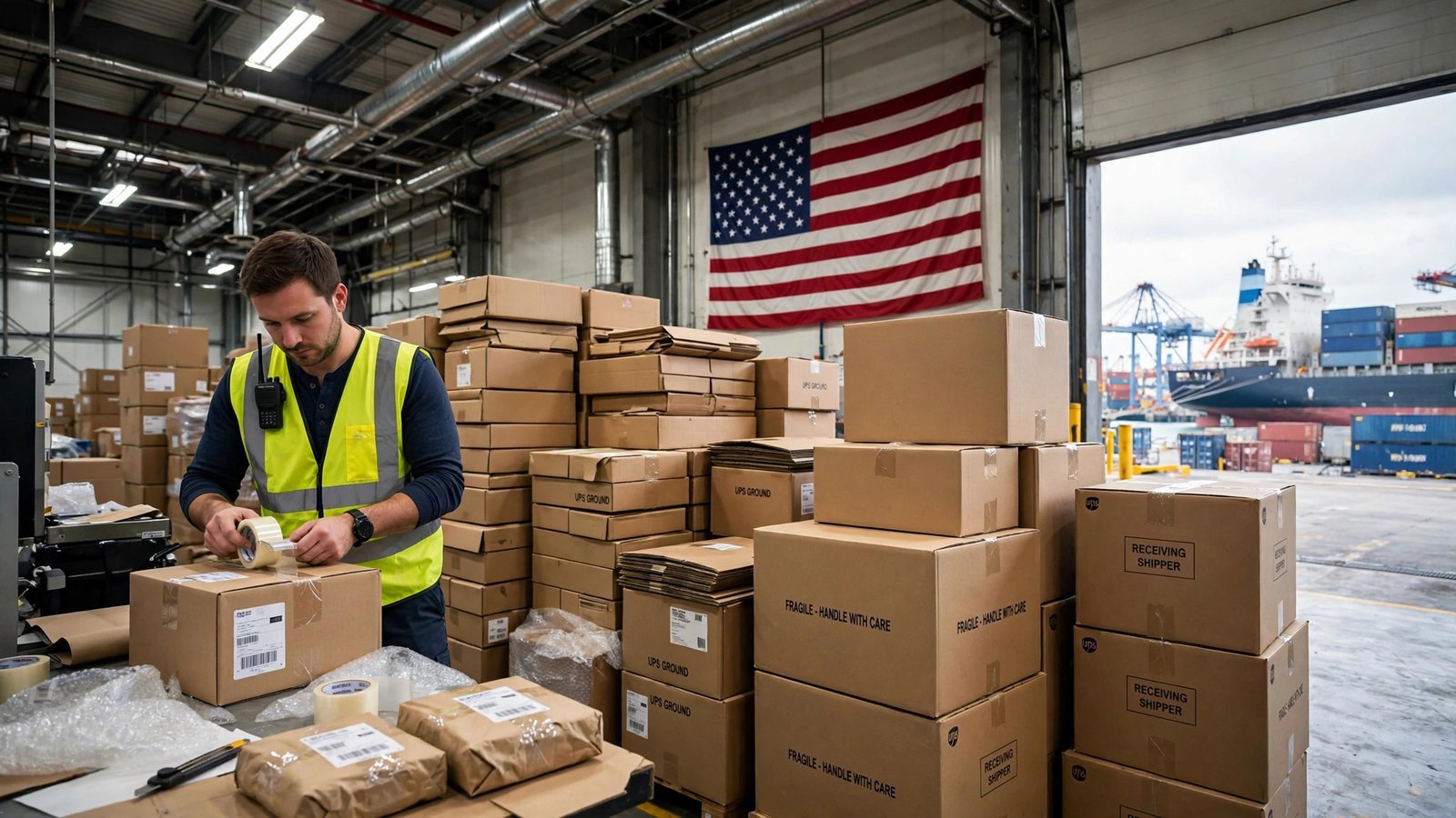 dropshipping 2026 de minimis — A warehouse worker packing parcels beside stacked cardboard shipping boxes with a US flag