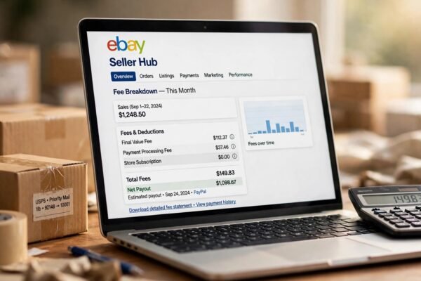 eBay seller fees 2026 dashboard showing the fee breakdown on a sale