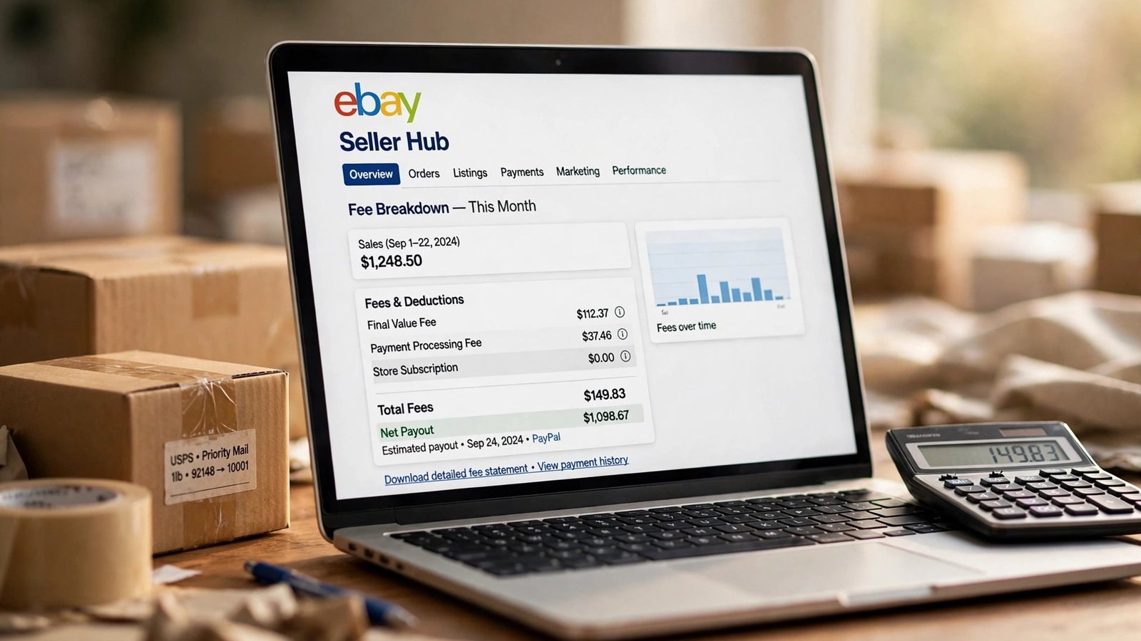 eBay seller fees 2026 dashboard showing the fee breakdown on a sale