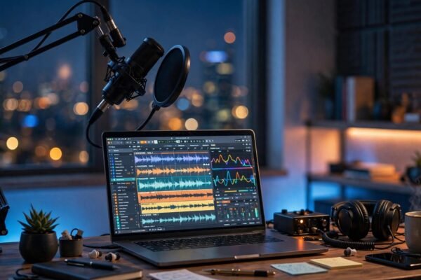 Professional podcast microphone in a home studio with audio waveform on a laptop screen, illustrating ElevenLabs Voice Library payouts in 2026