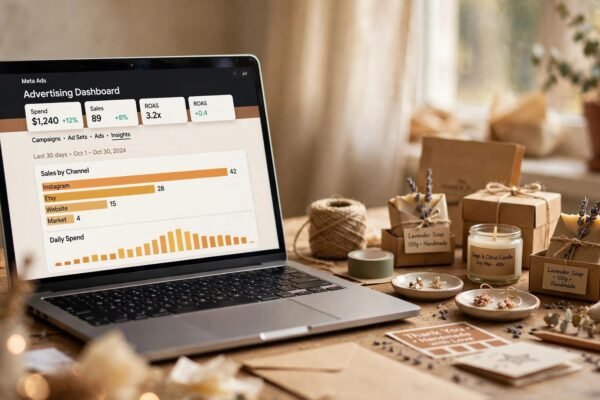 Etsy ads listing strategies 2026: seller laptop showing listing strategy controls on the Etsy Ads dashboard