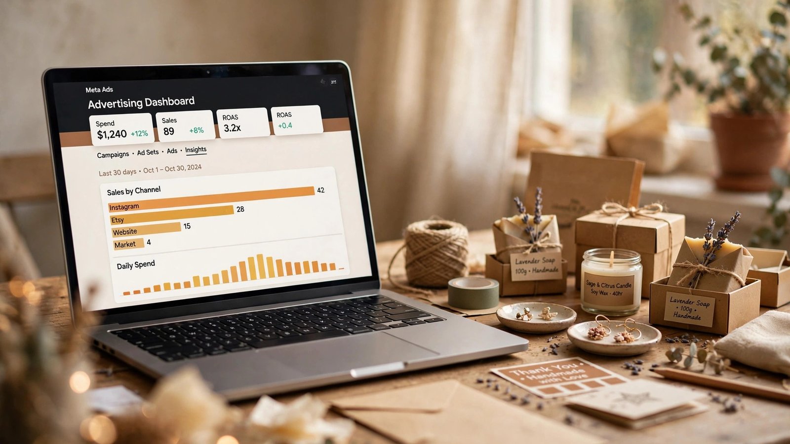 Etsy ads listing strategies 2026: seller laptop showing listing strategy controls on the Etsy Ads dashboard