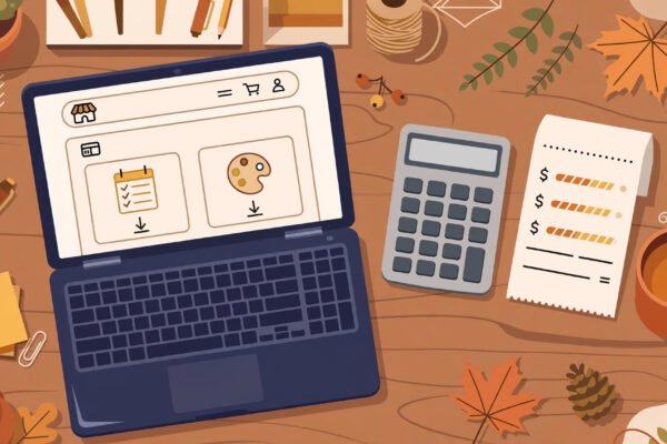 Etsy fees for digital products 2026 - seller calculating fees on a $10 digital sale with a calculator