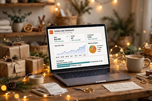 Etsy Q4 2026 Cyber Specials seller guide - holiday sale dashboard with gift boxes
