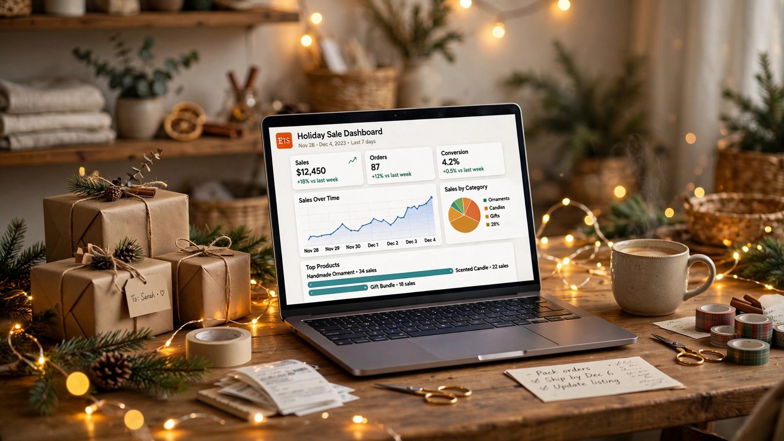 Etsy Q4 2026 Cyber Specials seller guide - holiday sale dashboard with gift boxes