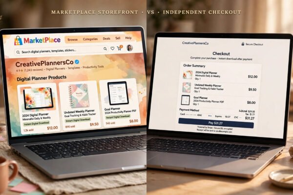 Split-screen comparison of an Etsy marketplace storefront versus a Payhip independent checkout page for digital downloads