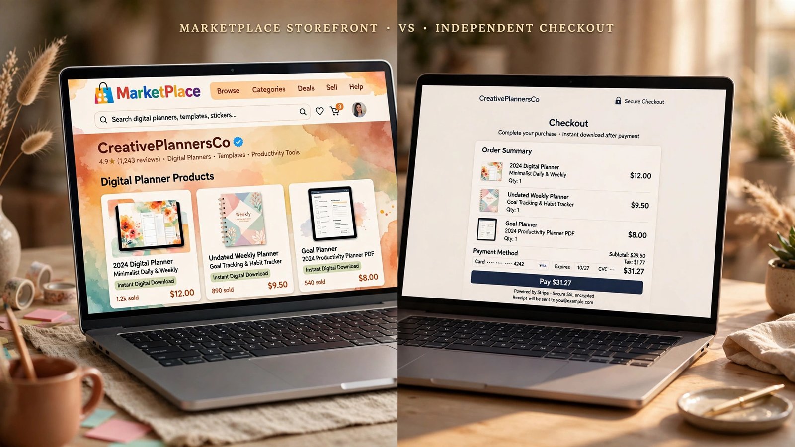 Split-screen comparison of an Etsy marketplace storefront versus a Payhip independent checkout page for digital downloads