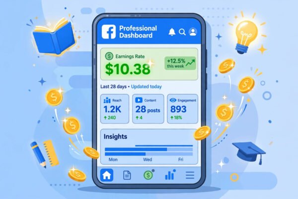 Smartphone showing Facebook dashboard with $10.38 earnings rate, gold coins and education icons