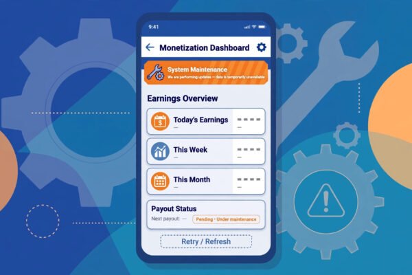 Facebook earnings dashboard glitch - monetization dashboard with blank earnings and maintenance gear