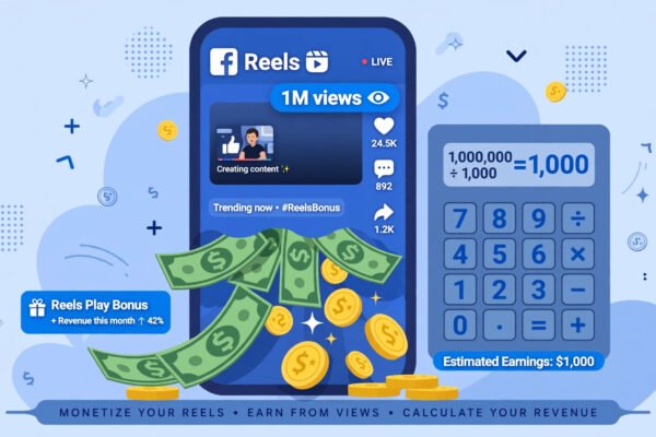 Smartphone showing 1M Facebook Reels views with dollar bills and payout formula illustration
