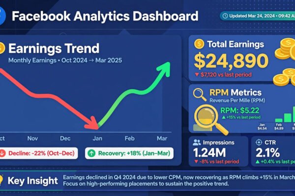 Facebook RPM low in 2026 - declining earnings graph turning upward