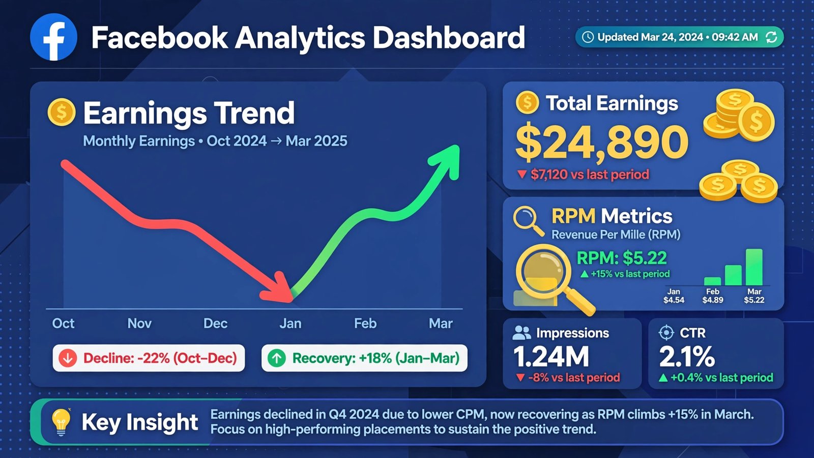 Facebook RPM low in 2026 - declining earnings graph turning upward